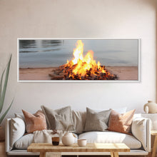 Carregar imagem no visualizador da galeria, Campfire On The Beach, Framed Canvas Print, Lakehouse Wall Art, Ocean Decor, Ocean Wall Art, Home &amp; Office Decoration
