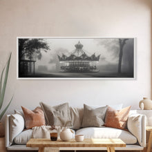 Load image into Gallery viewer, Creepy Carousel / Merry Go Round Wall Art, Framed Canvas Print, Black And White Art
