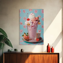 Load image into Gallery viewer, A Strawberry Sunday, Ice Cream Art, Framed Canvas Print, Ice Cream Parlor Decor, Icecream Shop Wall Art, MCM Style Decor, Kitchen decor
