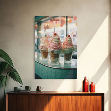 Load image into Gallery viewer, A Strawberry Sunday Kitchen Decor, Ice Cream Art, Framed Canvas Print, Ice Cream Parlor Decor, Icecream Shop Wall Art, MCM Style Decor

