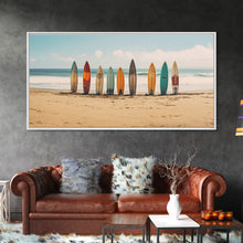 Carregar imagem no visualizador da galeria, Boho Beach Decor, Framed Canvas Print, Retro Surf Boards In The Sand, Living Room Decor, Gift For Him, Surfer Gift
