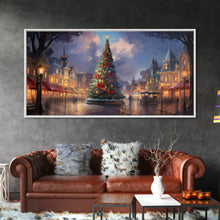 Cargar imagen en el visor de la galería, Christmas Decor Handmade, Framed Canvas Print, Beautiful Winter Wonderland Christmas Village, Christmas Tree Art
