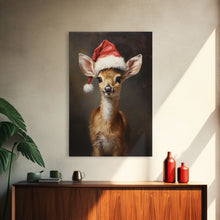 Cargar imagen en el visor de la galería, Cute Deer Wearing A Santa Hat, Christmas Decor, Woodland Animals, Christmas Wall Art, Winter Decor, Holiday Decor, Seasonal Decor
