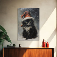 Carregar imagem no visualizador da galeria, Black Christmas Cat Wearing A Santa Hat, Framed Canvas Print, Christmas Decor, Xmas Wall Art, Holiday Decor, Seasonal Wall Decor
