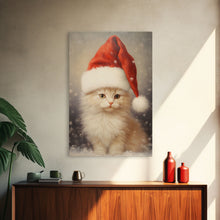 Carregar imagem no visualizador da galeria, Cute White Kitten In A Christmas Hat, Farmhouse Christmas, Farmhouse Decor, Framed Canvas Print Seasonal Wall Art Winter Decor Christmas Art
