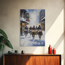 Load image into Gallery viewer, Cowboys Riding Into Town On Christmas, Western Christmas Decor, Framed Canvas Print, Christmas Outdoor Decor, Christmas poster
