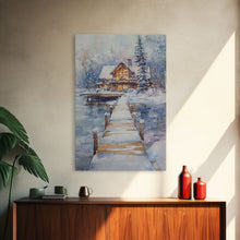 Cargar imagen en el visor de la galería, Christmas At The Lake, Framed Canvas Print, Wood Frame Lake House Decor, Winter Lakehouse Art
