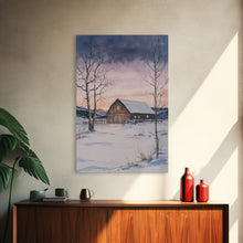 Load image into Gallery viewer, Barn In The Winter, Framed Canvas Print, Winter Landscape Print, Rustic Christmas Art, Primitive Decor
