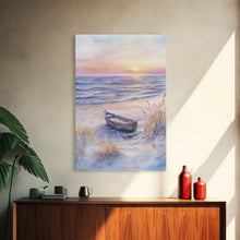 Carregar imagem no visualizador da galeria, Abandoned Canoe On The Beach, Framed Canvas Print, Nautical Decor, Christmas Outdoor Decor, Christmas Prints Wall Art

