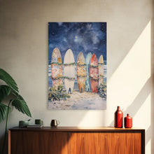 Cargar imagen en el visor de la galería, Christmas Surfboards On A Snowy Beach, Framed Canvas Print, Tropical / Nautical Christmas Art or Gift Idea, Christmas Poster
