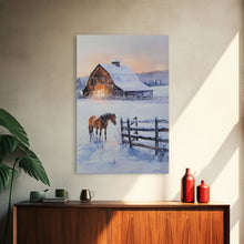 Cargar imagen en el visor de la galería, Christmas On The Farm, Winter Wall Art Framed Canvas Print, Gift Idea, Seasonal Decor, Barn Painting, Farmhouse Art

