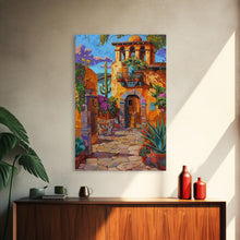 Carregar imagem no visualizador da galeria, Bright Mexican Style Courtyard Tall Art Framed Canvas Print Featuring Vibrant Architecture And Desert Scenery
