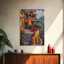 Carregar imagem no visualizador da galeria, Framed Canvas Print Tall Art Mexican Style Scenic Steps Lined With Colorful Flowers And Architecture
