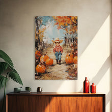 Carregar imagem no visualizador da galeria, Autumn Cowboy Decor Canvas Print with Pumpkins, Fall Holiday Wall Art and Seasonal Gift Idea 2024
