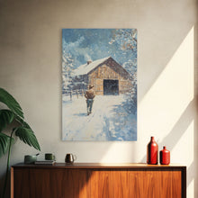 Load image into Gallery viewer, Cowboy Walking in Snow Scene Framed Canvas Print - Moody Landscape Art for Winter Home Decor 2024 Rustic Winter Wall Art
