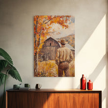 Carregar imagem no visualizador da galeria, Autumn Cowboy Barn Framed Canvas Print - Fall Harvest Country Wall Art Best Gift Idea 2024 Rustic Farmhouse Decor
