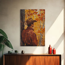 Load image into Gallery viewer, Cowboy in Autumn Forest Framed Canvas Print - Rustic Fall Wall Art Perfect Gift Idea 2024 Country Decor - Moody Landscape Art
