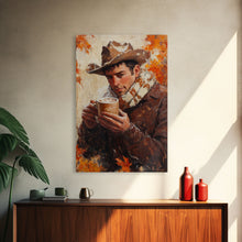 Load image into Gallery viewer, Cowboy with Coffee Mug in Autumn Framed Canvas Print - Fall Country Wall Art 2024 Rustic Home Decor and Gift Idea

