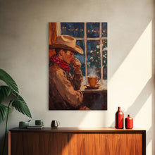 Load image into Gallery viewer, Cowboy in Snow with Coffee Framed Canvas Print - Winter Country Scene Art 2024 Cozy Christmas Wall Decor and Gift Idea
