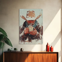 Load image into Gallery viewer, Cowboy Riding Horse in Winter Forest Framed Canvas Print - Moody Winter Landscape Art Perfect 2024 Christmas Home Decor
