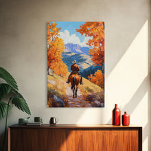 Load image into Gallery viewer, Cowboy Riding Through Autumn Mountains Framed Canvas Print Fall Landscape Art Christmas Decor Seasonal Wall Art Cowboy Christmas Gift Idea
