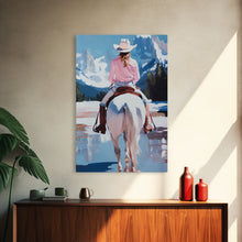 Cargar imagen en el visor de la galería, Female Cowboy Riding Through Winter Mountains Framed Canvas Print Christmas Wall Art Winter Wonderland Vintage Christmas Gift Wall Art
