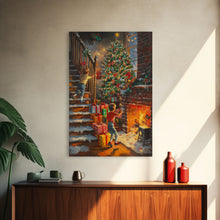 Cargar imagen en el visor de la galería, Children Hanging Stockings By The Fireplace Framed Canvas Print Tall Art With Christmas Tree, Nostalgic Christmas Wall Art Holiday Decor
