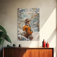 Load image into Gallery viewer, Cowboy in Snowy Orchard Canvas Print with Frosty, Christmas Wall Art Gift, Seasonal Decor, Winter Wonderland, Holiday Decor, Canvas Print
