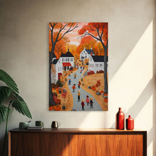 Carregar imagem no visualizador da galeria, Autumn Village Scene Framed Canvas Print Tall Art With Fall Leaves And Pumpkins, Cozy Wall Art For Seasonal Farmhouse Decor

