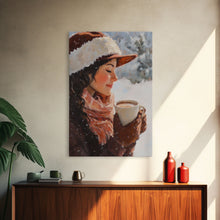Load image into Gallery viewer, Framed canvas print of a peaceful winter scene with a woman a hot chocolate perfect for holiday gift idea or rustic Christmas wall art decor
