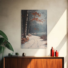 Load image into Gallery viewer, Framed Canvas Print of a Snowy Path with Trees and Red Leaves, Winter Wall Art, Moody Landscape, Best Gift Idea, Modern Christmas Decor
