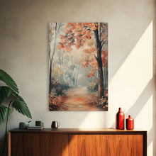 Carregar imagem no visualizador da galeria, Framed Canvas Print of Foggy Autumn Forest with Red Leaves, Moody Landscape Wall Art, Fall Seasonal Decor, Best Gift Idea, Modern Farmhouse
