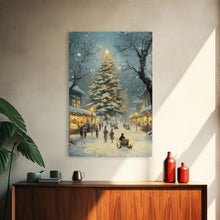 Cargar imagen en el visor de la galería, Christmas Tree Village Snowy Winter Scene Framed Canvas Print Christmas Wall Art Christmas Decor Christmas Tree Art Holiday Gift Winter Art
