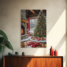 Load image into Gallery viewer, Cozy Cabin Fireplace With Christmas Tree Framed Canvas Print Christmas Wall Art Farmhouse Christmas Decor Holiday Gift Christmas Tree Art
