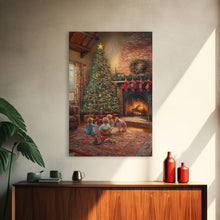 Cargar imagen en el visor de la galería, Children By Fireplace And Christmas Tree Framed Canvas Print Cozy Holiday Home Decor With Warm Fire And Festive Decorations Christmas Art
