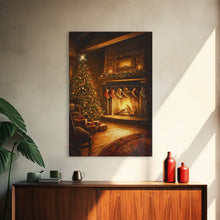 Load image into Gallery viewer, Rustic Cabin Fireplace With Christmas Tree Framed Canvas Print Warm Holiday Decor With Stockings And Christmas Lights Christmas Wall Art
