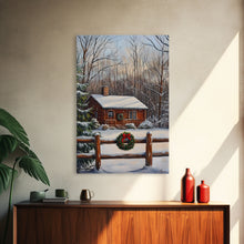 Load image into Gallery viewer, Snowy Log Cabin With Wreath And Fence Framed Canvas Print Rustic Winter Scene With Cozy Cabin In Snow Perfect Christmas Home Decor Wall Art
