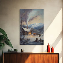 Load image into Gallery viewer, Mountain Cabin In Snow With Horses Framed Canvas Print Wall Art Rustic Winter Decor, Country Christmas Art, Winter Wonderland Scene
