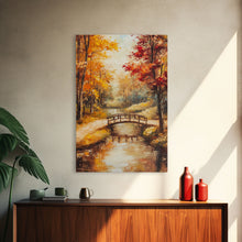 Carregar imagem no visualizador da galeria, Autumn Bridge Over Stream Framed Canvas Print Wall Art Fall Landscape Decor, Rustic Autumn Art Gift, Seasonal Wall Art
