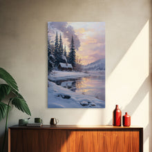 Load image into Gallery viewer, Cabin In Snowy Forest Framed Canvas Print Wall Art Winter Landscape Decor, Cozy Christmas Art Gift, Rustic Winter Wonderland Art
