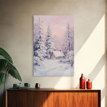 Load image into Gallery viewer, Pink Snowy Cabin Landscape Framed Canvas Print Wall Art Winter Wonderland Decor, Christmas Art Gift, Rustic Winter Scene Art
