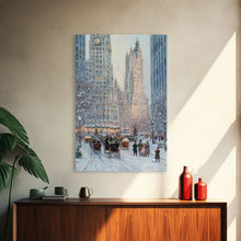 Cargar imagen en el visor de la galería, Historical City Winter Framed Canvas Print, Snowy Urban Landscape with Carriages and Victorian Architecture, Elegant Christmas Wall Art
