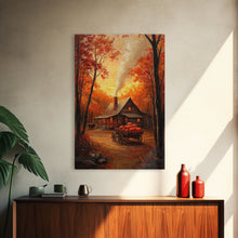 Carregar imagem no visualizador da galeria, Autumn Cabin with Pumpkins Framed Canvas Print, Warm Fall Countryside Scene with Golden Leaves, Cozy Rustic Farmhouse Wall Art Decor
