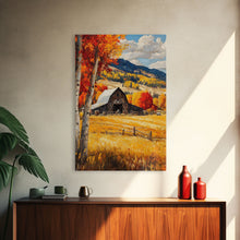 Load image into Gallery viewer, Countryside Barn in Autumn Framed Canvas Print, Bright Fall Landscape Birch Trees, Rustic Wall Art Country Home or Farmhouse Autumn Decor
