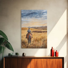 Load image into Gallery viewer, Cowboy leading cattle across golden prairie, Framed Canvas Print, western landscape wall art for rustic farmhouse decor, gift idea holiday
