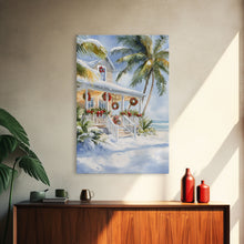 Carregar imagem no visualizador da galeria, Beach Christmas porch with palm trees and wreaths, holiday decor Framed Canvas Print Christmas wall art farmhouse tropical decor idea
