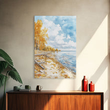 Carregar imagem no visualizador da galeria, Autumn beach scene with golden trees and calm shoreline Framed Canvas Print, fall landscape art perfect autumn wall decor for rustic homes
