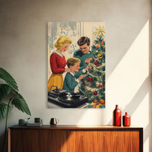 Load image into Gallery viewer, Mid-Century Family Christmas Celebration with Turntable and Christmas Tree, Retro Holiday Wall Art, Framed Canvas Print
