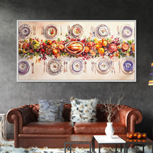 Load image into Gallery viewer, Festive Thanksgiving dinner table setting with colorful centerpiece, framed canvas print perfect autumn holiday decor wall art
