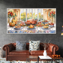 Load image into Gallery viewer, Framed Canvas Print Autumn Thanksgiving Dinner Table Art with Pumpkins, Perfect Fall Home Decor, Seasonal Wall Art, and Gallery Wall Piece
